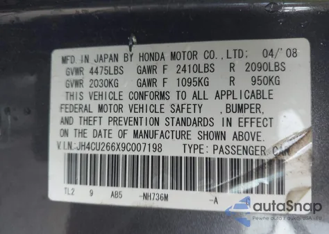 2009 Acura Tsx из США, поврежденный, VIN JH4CU266X9C007198